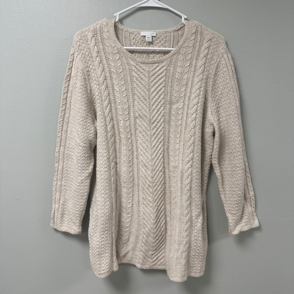 J. Jill Oatmeal Beige Cable Knit Chevron Cotton Wool Blend Sweater Large Petite